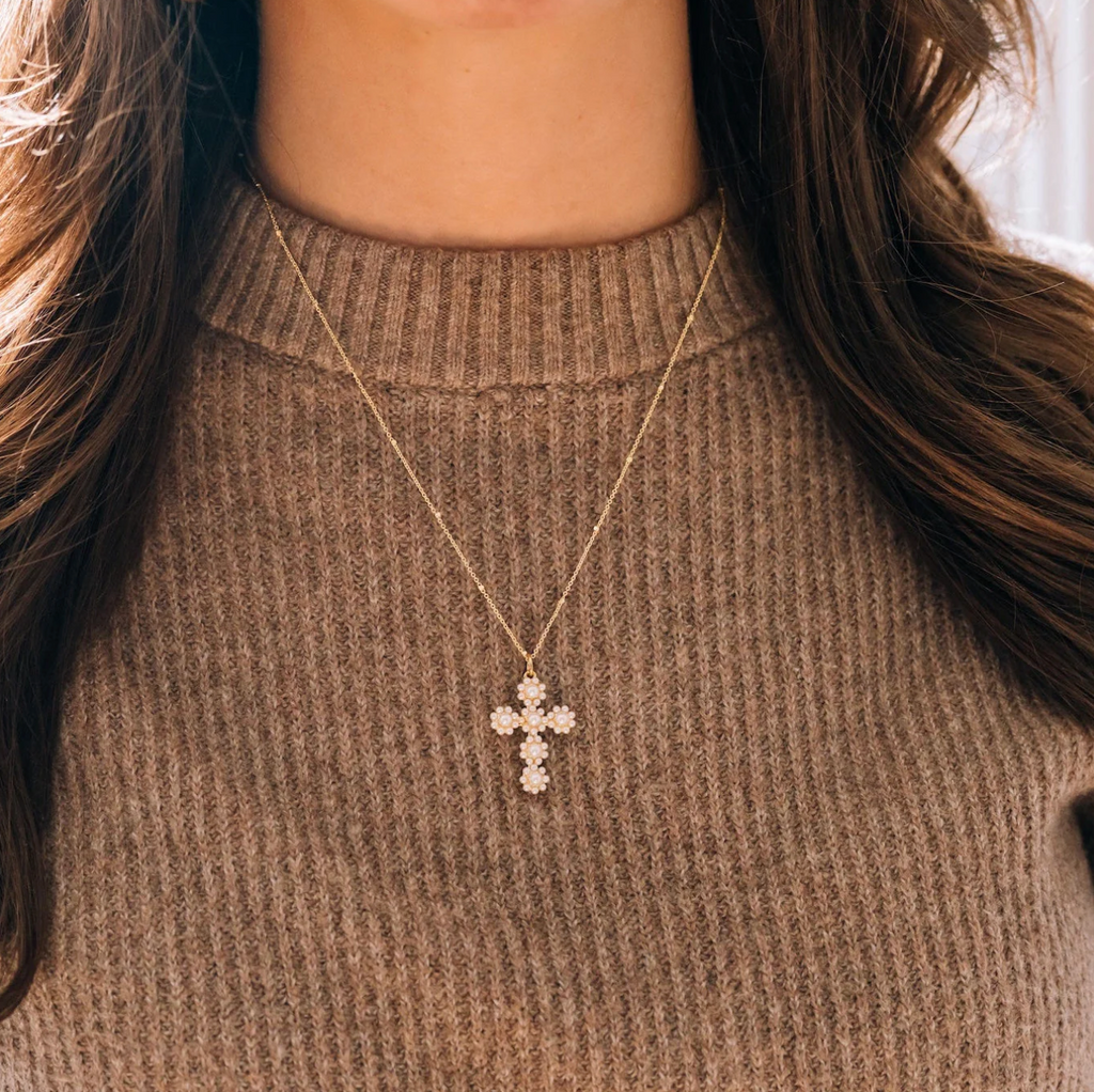POISED PEARL CROSS NECKLACE by Inspire Designs