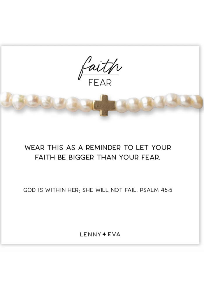 FAITH OVER FEAR WHITE PEARL CROSS BRACELET
