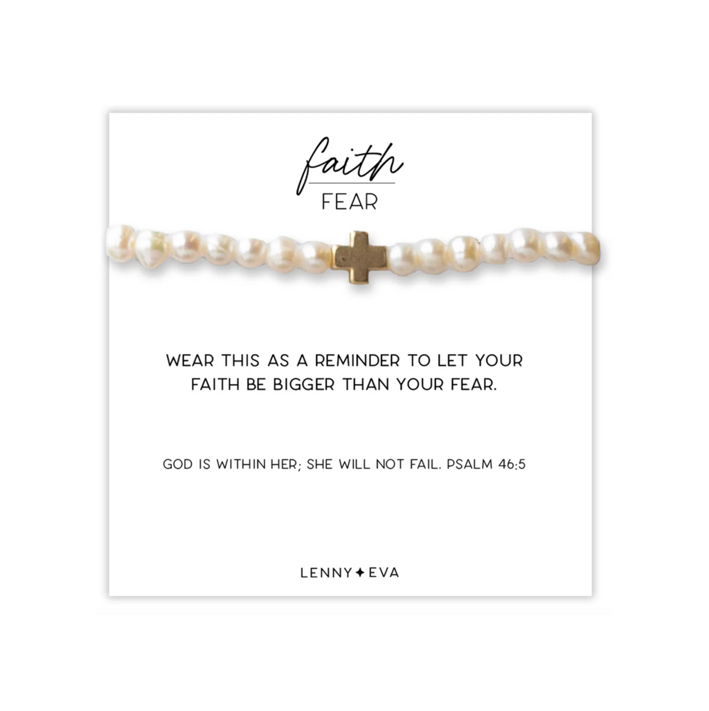FAITH OVER FEAR WHITE PEARL CROSS BRACELET