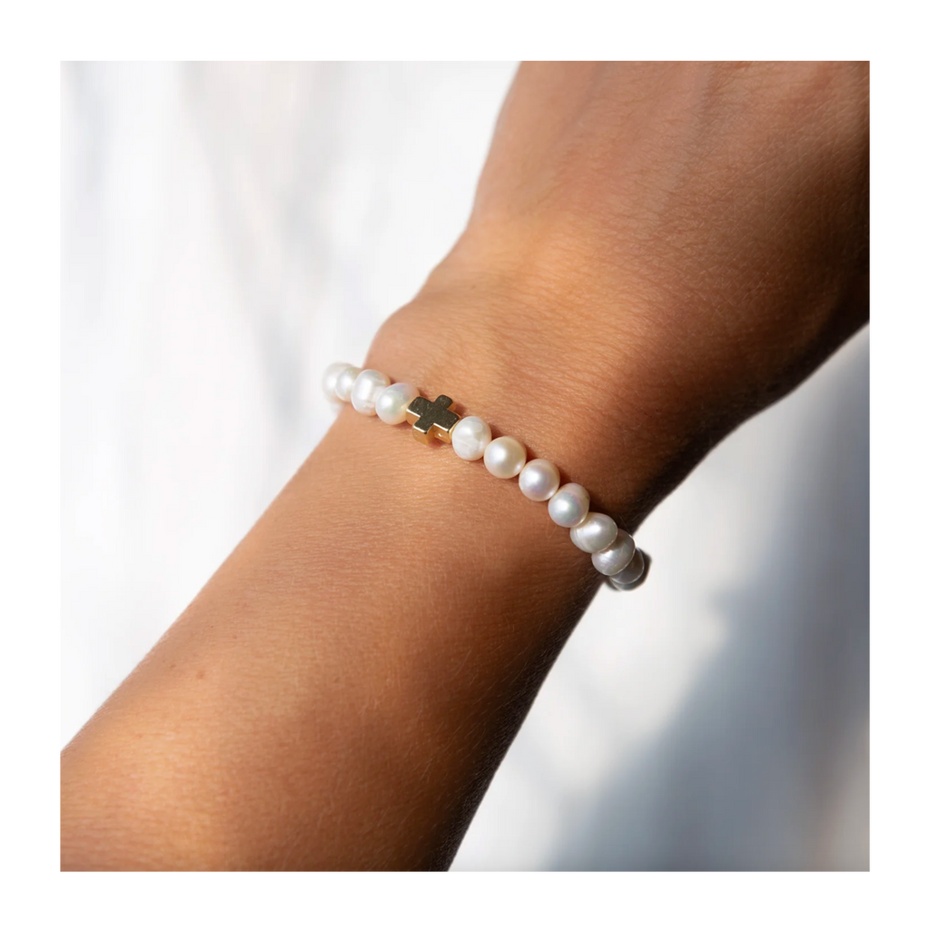 FAITH OVER FEAR WHITE PEARL CROSS BRACELET