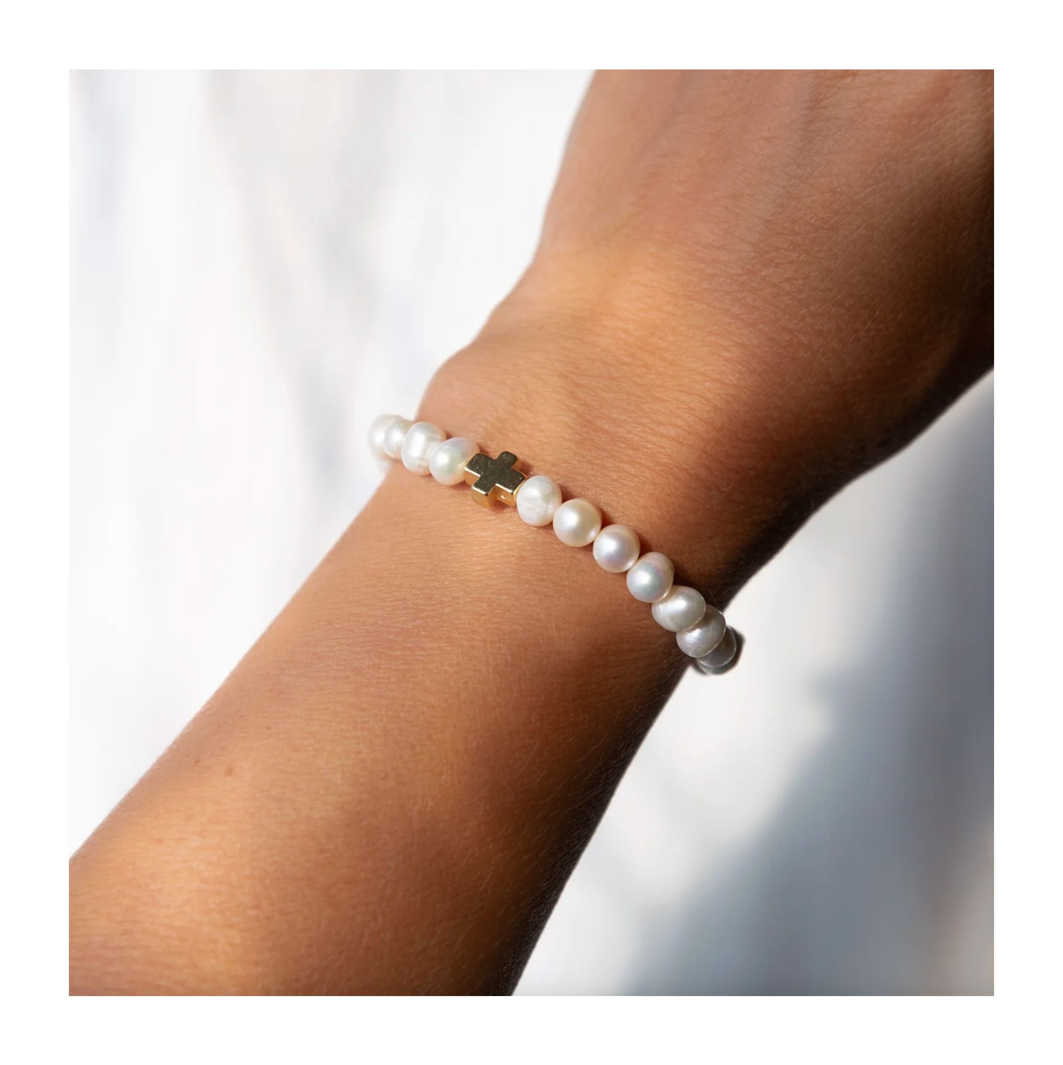 FAITH OVER FEAR WHITE PEARL CROSS BRACELET