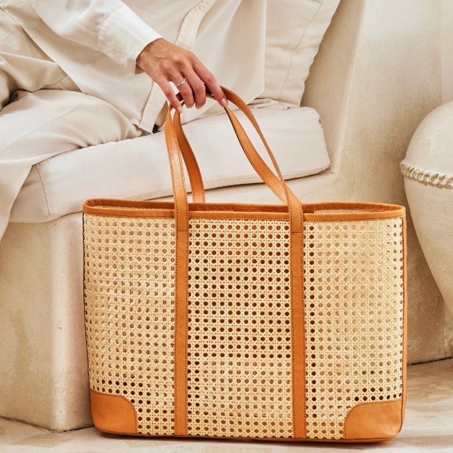 LARGE BROWN RATTAN BASKET WEAVE TOTE by Winding Road